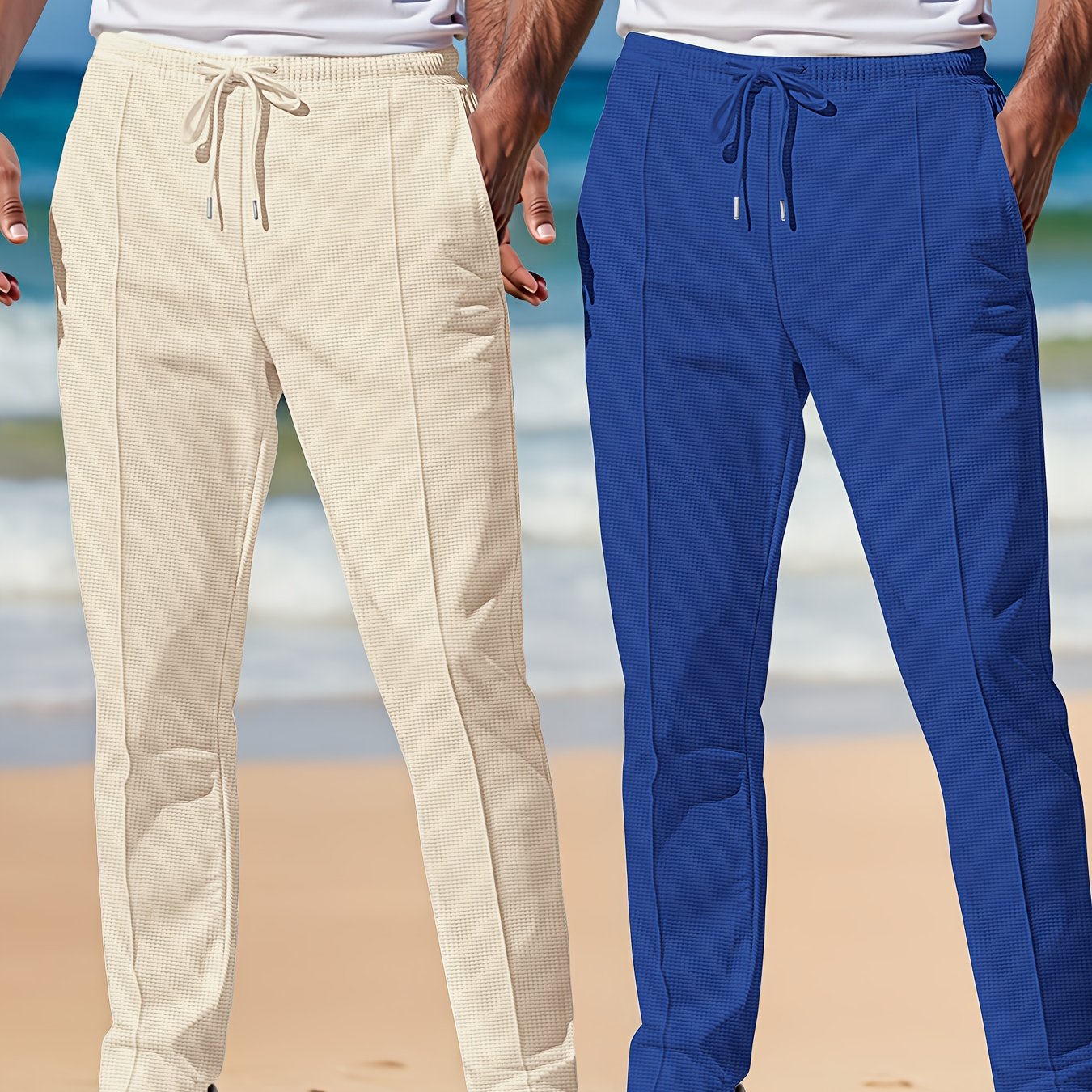 Joggers en tricot gaufré pour homme (2 pièces) – taille élastique avec cordon, pantalons légers et respirants, gris et bleu marine, idéals plage, running, extérieur et usage quotidien