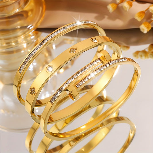 Lot de 3 bracelets en acier inoxydable de luxe léger, sertis de zircon synthétique, design exquis et classique, polyvalents, adaptés à toutes les occasions