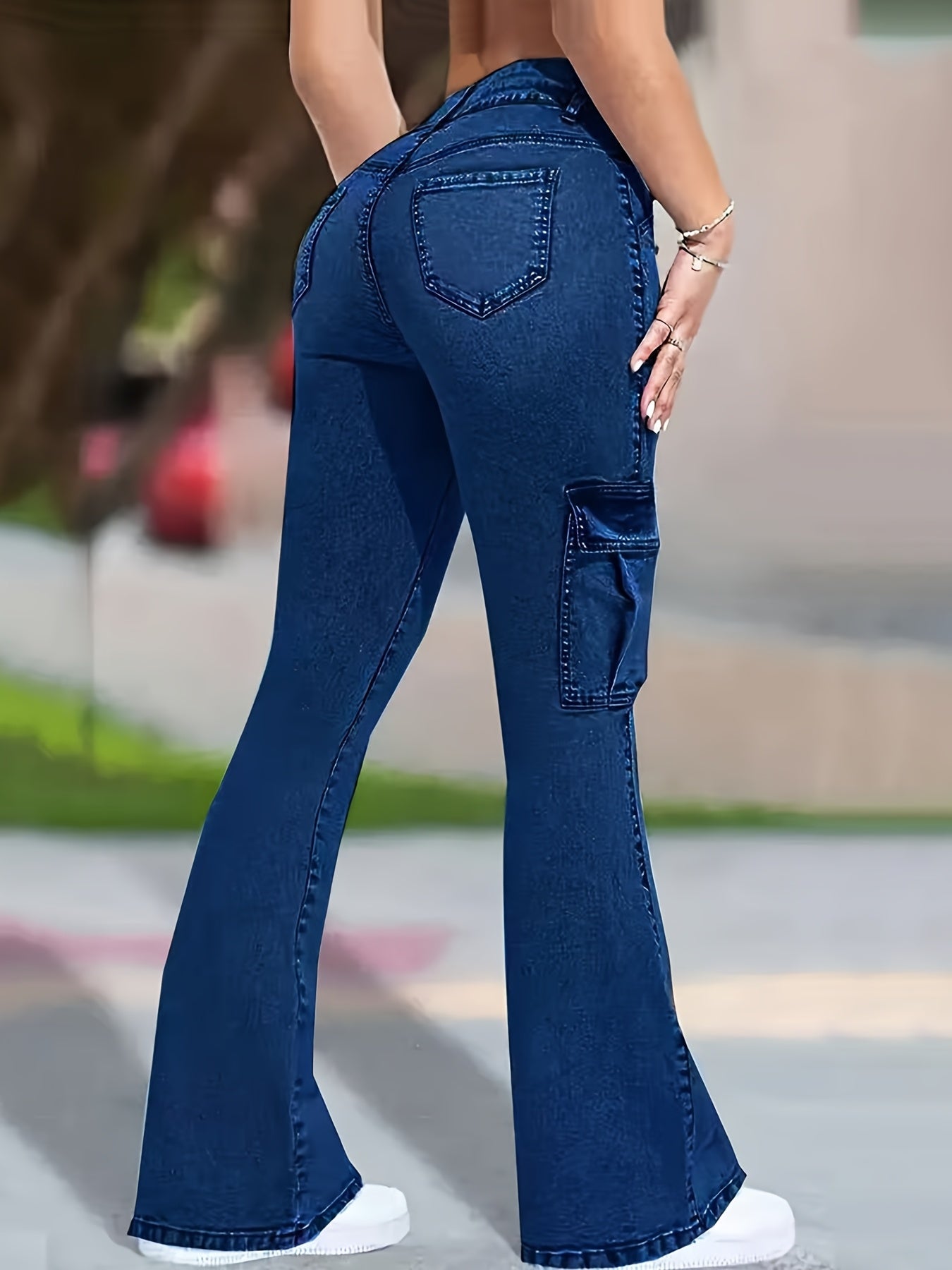 Jeans Femme Extensible Cargo Évasé Bleu Foncé Effet Usé Bootcut Poches Multiples Taille Haute Contrôle Ventre Style Street Slim Décontracté