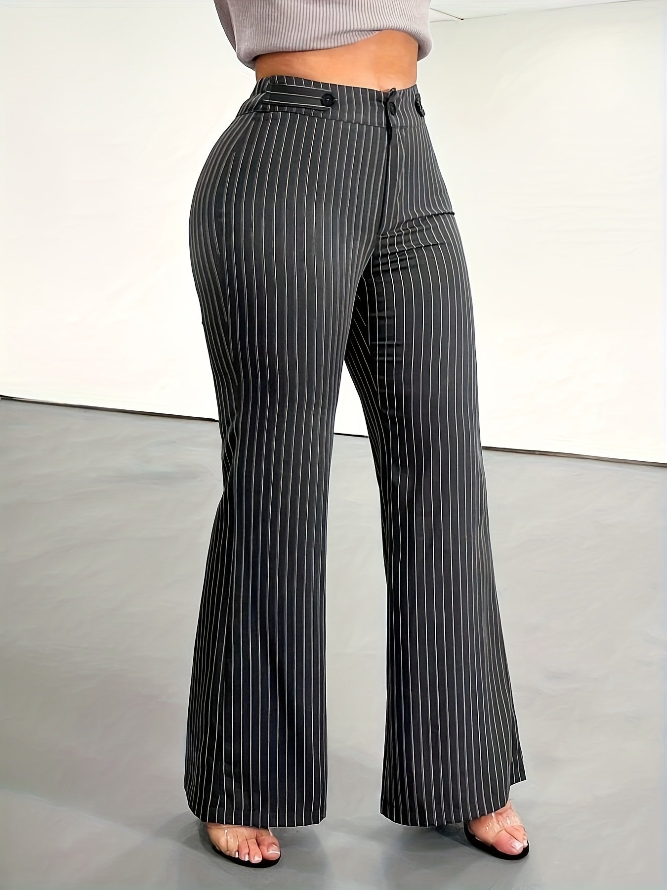 Pantalon Femme Jambe Évasée – Rayures Verticales Blanc/Noir/Navy, Tous Saisons, Bureau et Décontracté