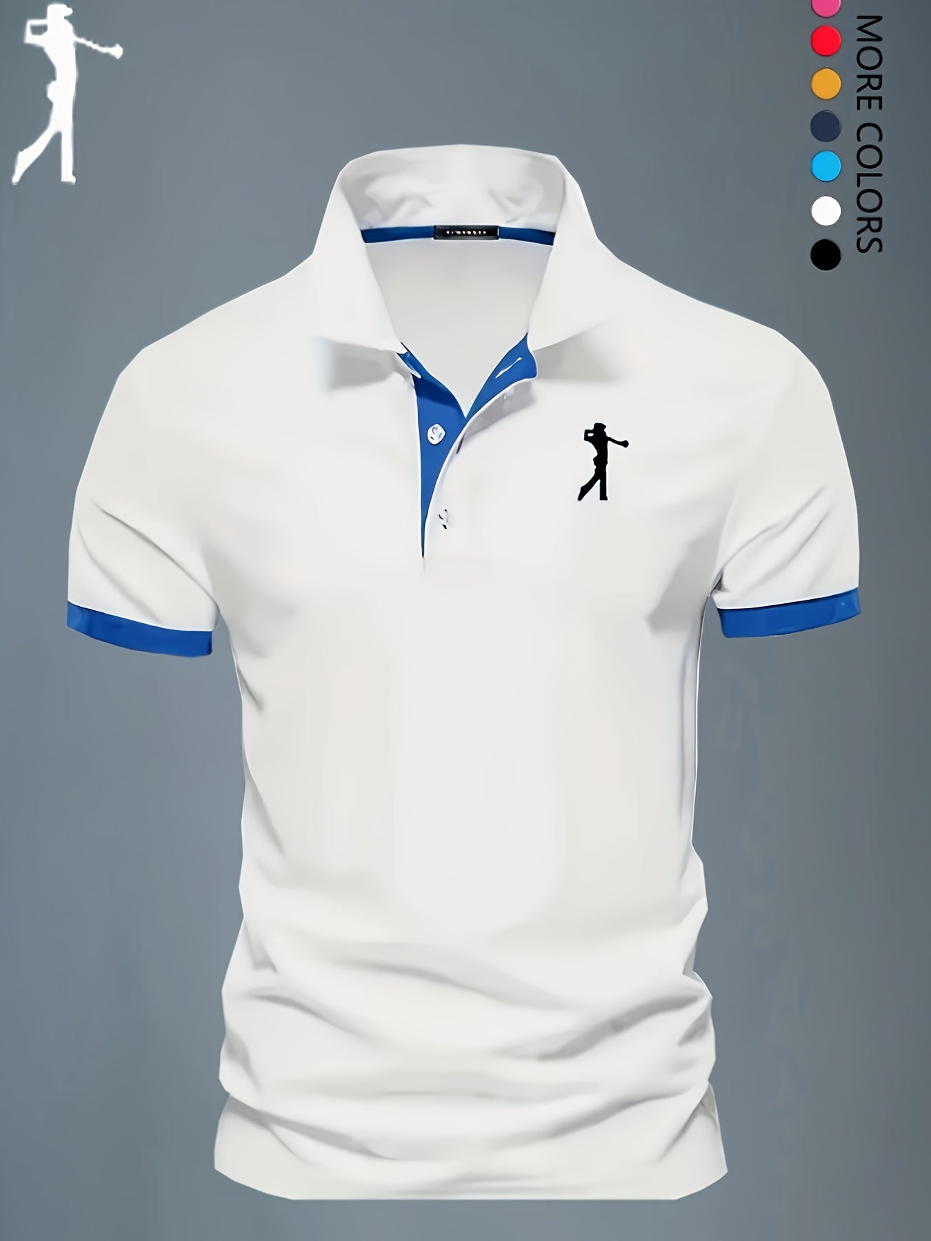 Men'S Summer Breathable Polo Shirt - Casual Short Sleeve, White with Blue Trim & Logo, Regular Fit, Geometric Pattern, Versatile for Business or Leisure Wear, Summer Casual Wear | Stylish Casualwear | Comfortable Fit