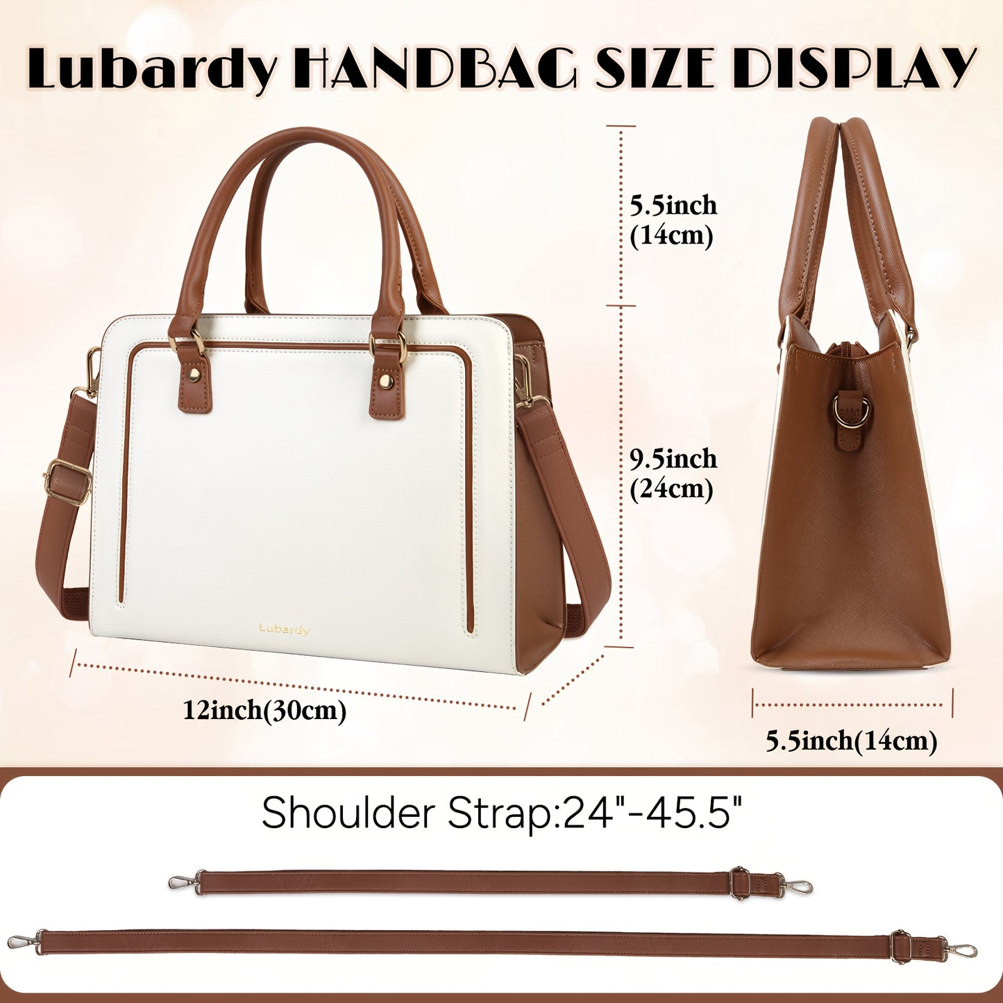 Sac fourre-tout élégant Lubardy pour femmes en simili cuir synthétique, bandoulière amovible et réglable, fermeture éclair et doublure polyester – Blanc/Noir/Marron, polyvalent pour travail, voyage, sorties et usage quotidien
