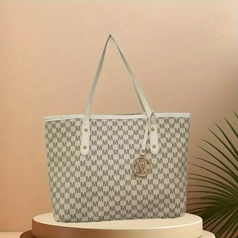 Sac Cabas Femme Vintage – Grande Capacité, Fermeture Éclair, Sac à Main avec Bandoulière Fixe, Design Monogramme Élégant en Marron Café/Noir, Doublure en Polyester, Idéal pour Quotidien