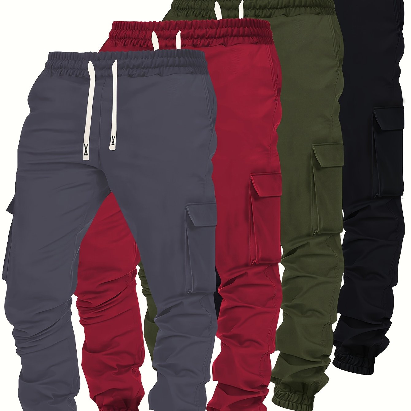Lot de 4 pantalons cargo homme robustes – Pantalons toutes saisons avec multiples poches, taille à cordon élastique et passants de ceinture, idéaux randonnée, jogging, casual – Lavables en machine (noir/olive/beige/bleu marine) – Coupe régulière