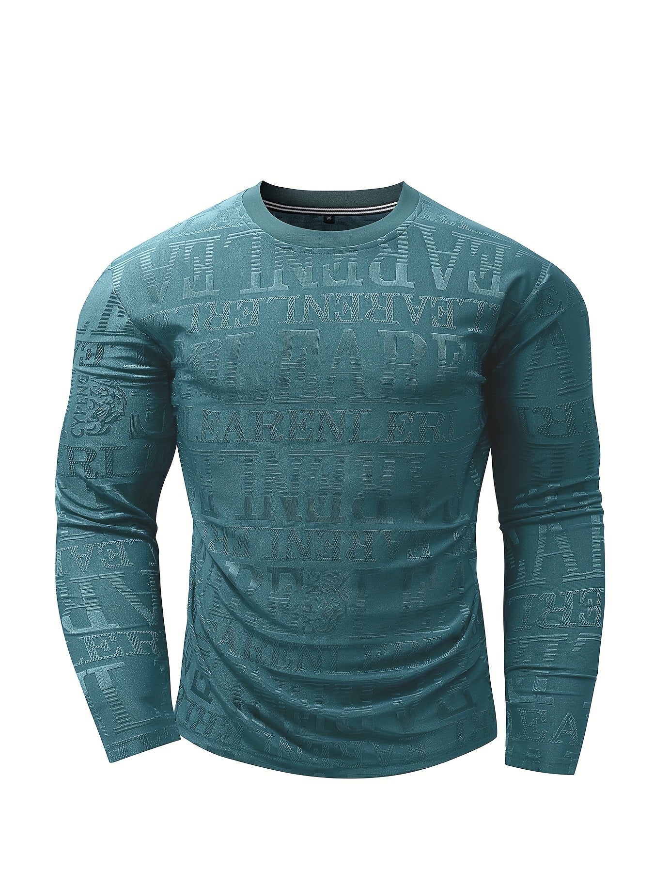 Men's Slim-Fit Casual Long Sleeve T-Shirt with Geometric Letter Design - Breathable Polyester, Machine Washable