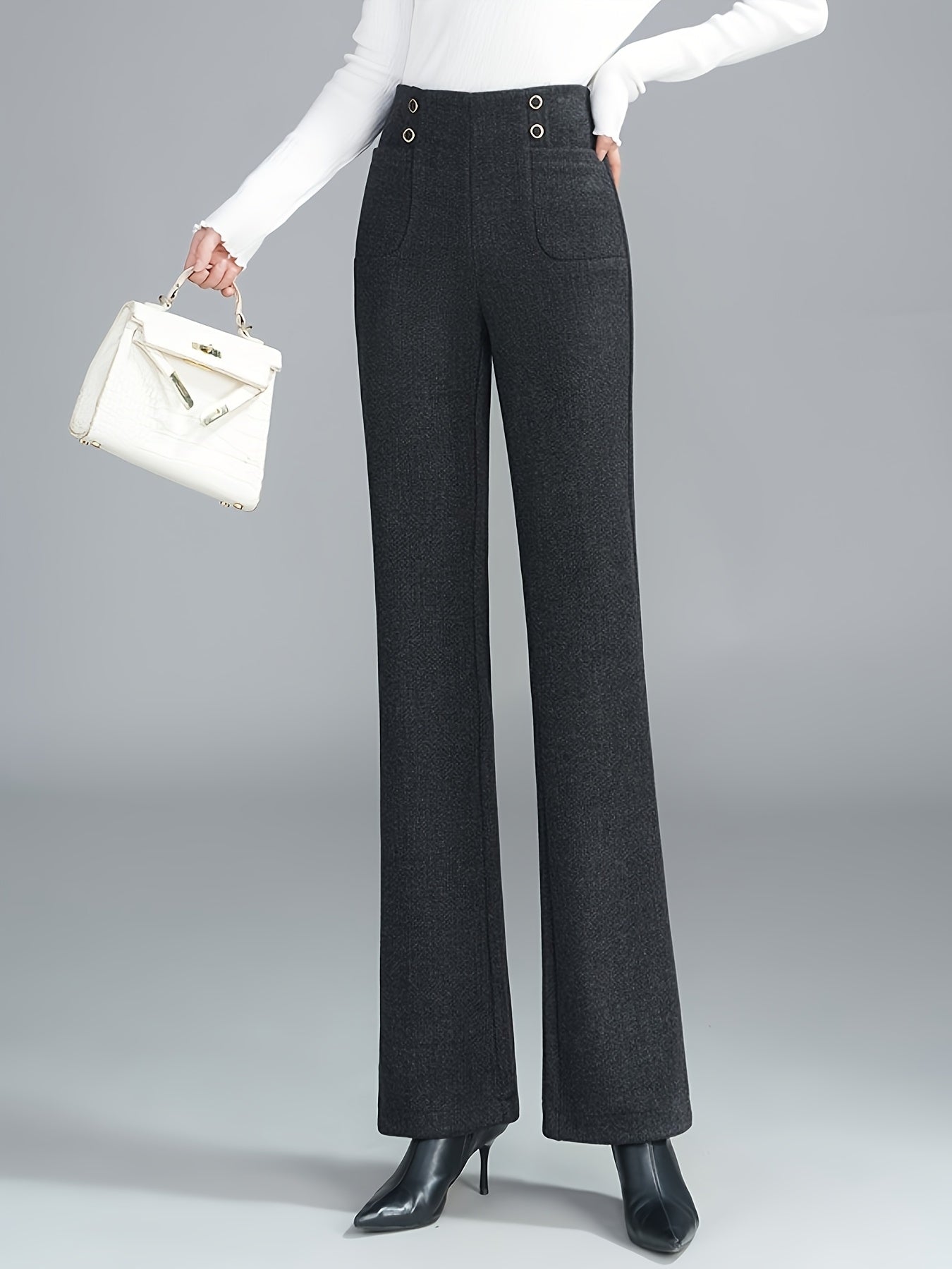 Pantalon Femme en Tweed Laine-Mélange – Jambe Droite, Taille Élastique avec Boutons, Marron Foncé, Automne/Hiver, Élégant et Décontracté