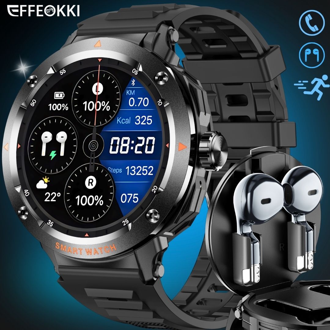 FFEOKKI TWS 2-in-1 Smartwatch with Earbuds - Zinc Alloy Bezel, 3.71cm Round Display, Wireless Call Function, Music Playback, NFC, Multiple Sports Modes, Fitness Tracking, Compatible with iPhone Android Smartphone, Activity Mo
