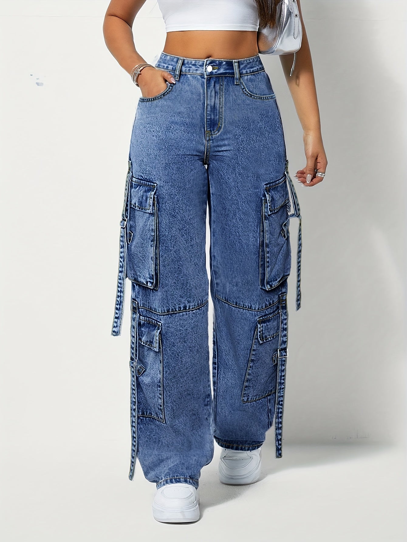 Jeans de travail extensibles taille haute pour femme grande taille – Pantalon cargo large, passants pour ceinture, poches multiples, fermeture à boutons, bleu résistant