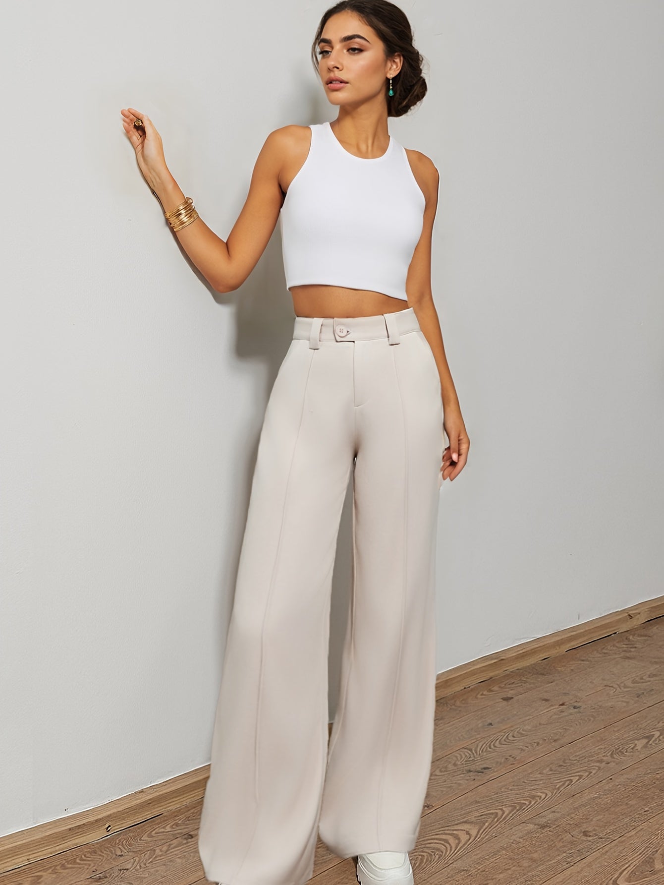 Pantalon Femme Taille Haute – Jambe Large Noir, Fermeture Boutons Sans Ceinture, Bureau et Décontracté, Tous Saisons