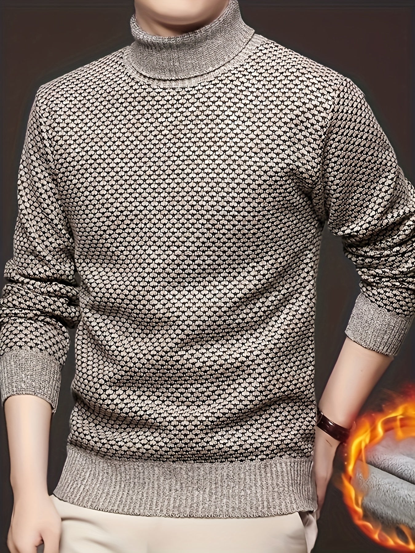 Men'S Autumn Jacquard Knit Sweater with a High Collar, Stylish And Fleece-Lined.
