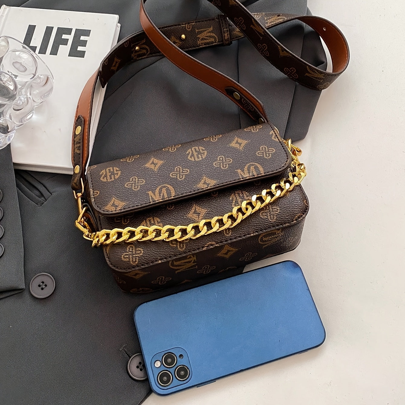 Sac convertible marron café pour femmes – Bandoulière chaîne dorée, fermeture magnétique