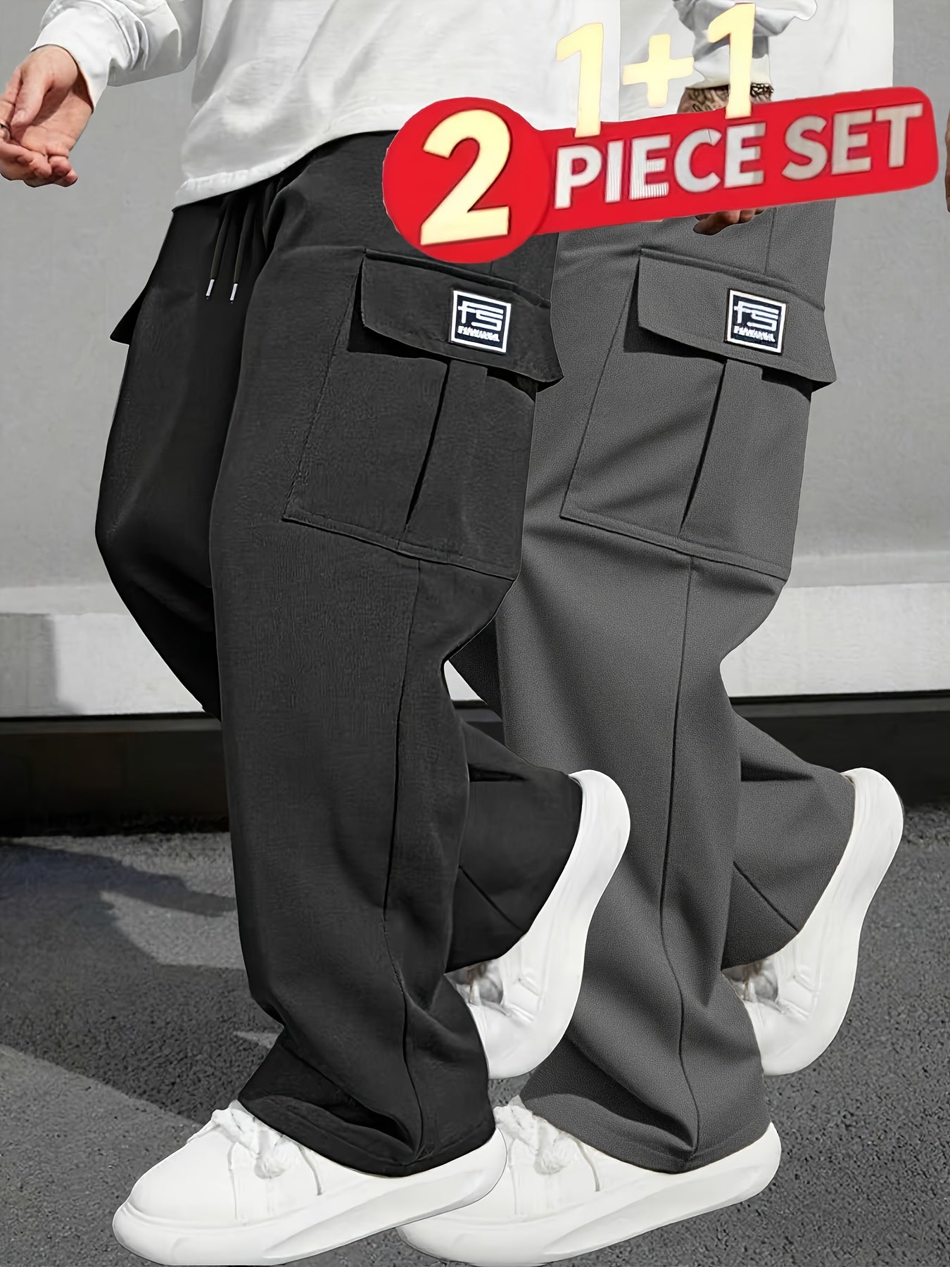 Pantalons de travail robustes pour homme (2 pièces) – cargo multi-poches, coupe ample, taille sans ceinture, poches zippées, jambe droite, idéals construction, sport et tenue décontractée, printemps