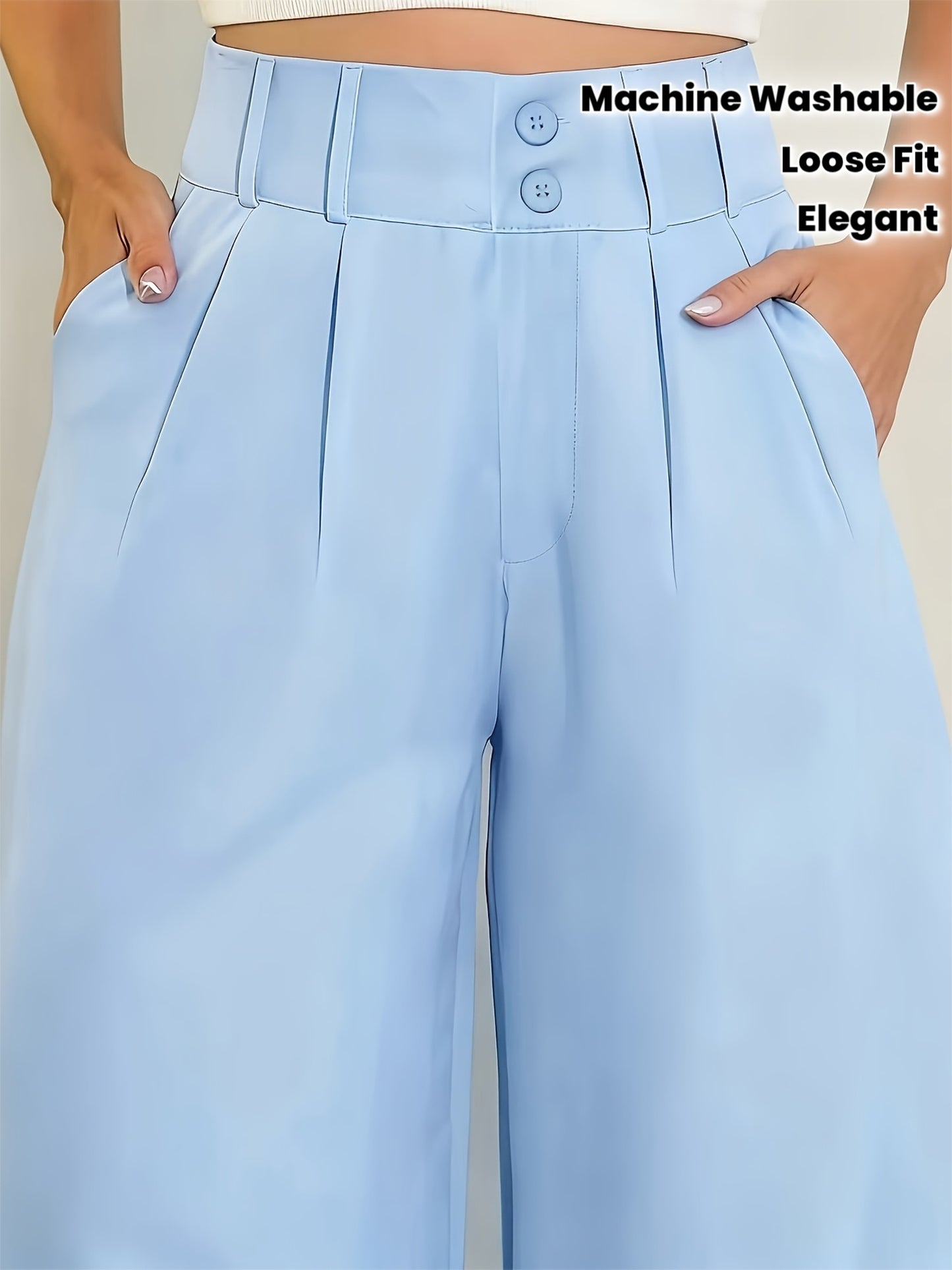 Pantalon Femme Jambe Large – Double Bouton, Non Extensible, Bureau et Décontracté, Tous Saisons