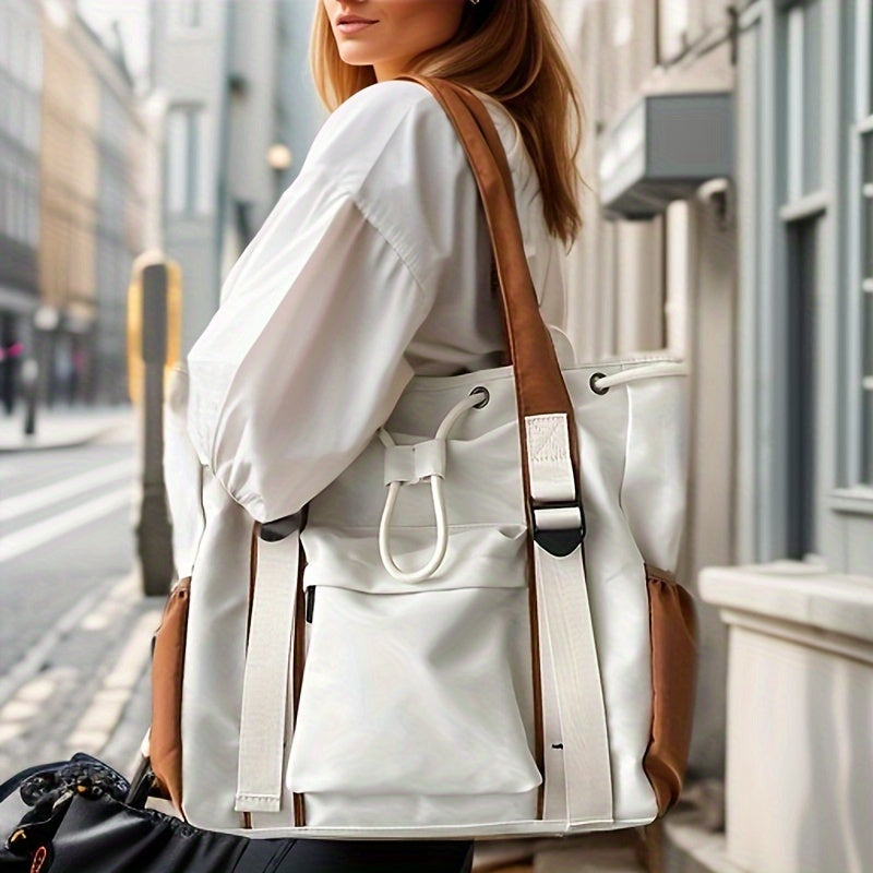 Sac Cabas Femme – Grande Capacité, Nylon, Couleurs Noir/Blanc/Marron Patchwork, Casual, Voyage, Shopping, Sacs pour Étudiantes