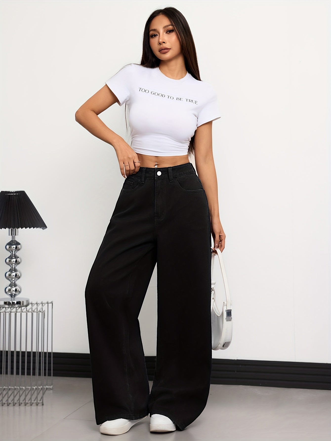 Jeans Femme Taille Haute – Jambe Droite, Noir, Décontracté avec Poches, Tous Saisons