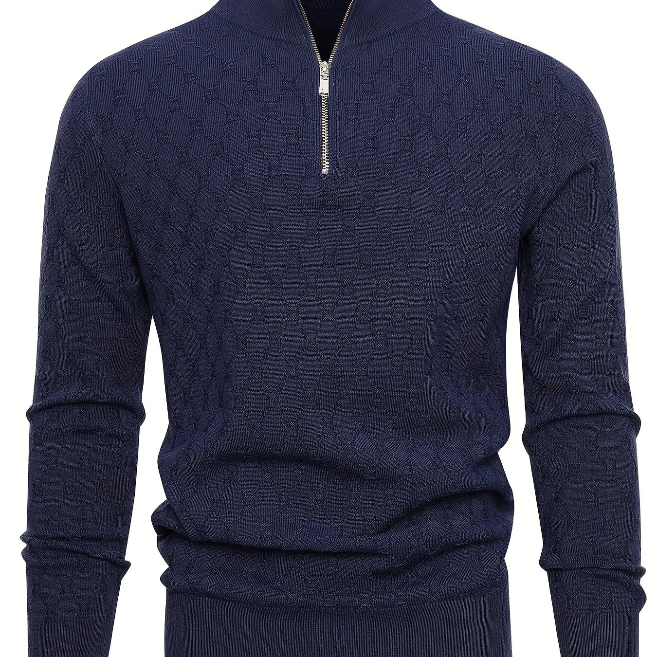 Men's Slim-Fit Half-Zip Sweater with Stand Collar - Soft Stretch Blending (Suitable for) - Half-Zip Front & Geometric Pattern - Business Casual Winter Wear - Fall Winter Wardrobe Essential - Hand Washable Long Sleeve Blazer f
