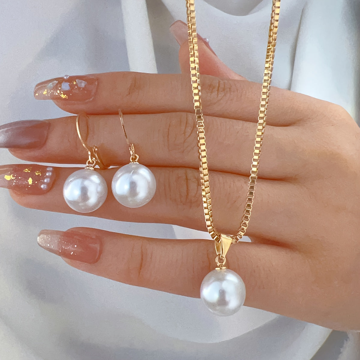 Ensemble de 3 bijoux élégants pour femme, style coréen simple, collier pendentif et boucles d’oreilles en perles imitation, en cuivre, parfait pour usage quotidien et vacances, accessoire polyvalent toute l’année