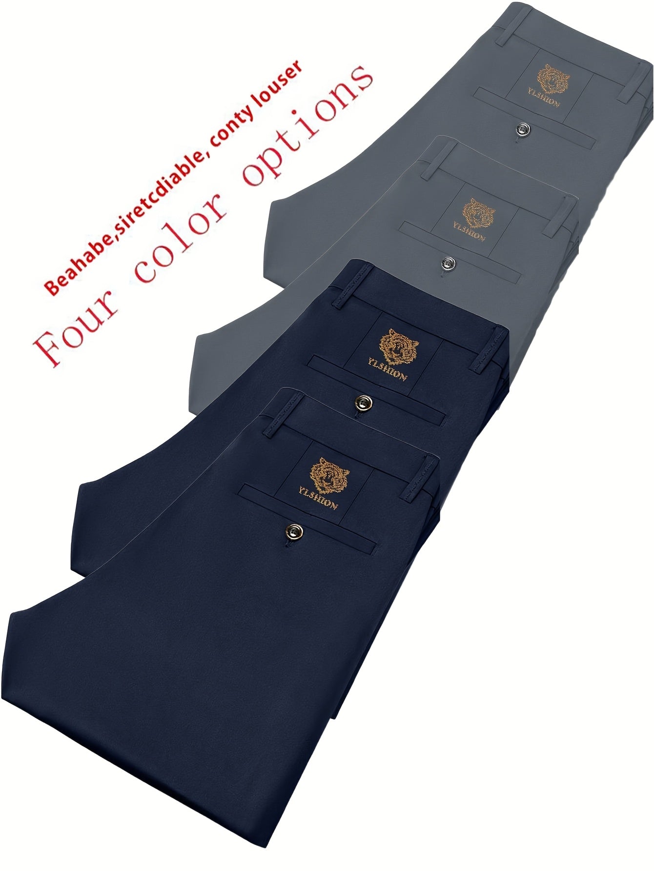 4pcs Pantalons Homme Business Léger – Jambe Droite, Tout Saison, Anti-Rides, Blanc/Noir/Gris/Bleu Marine