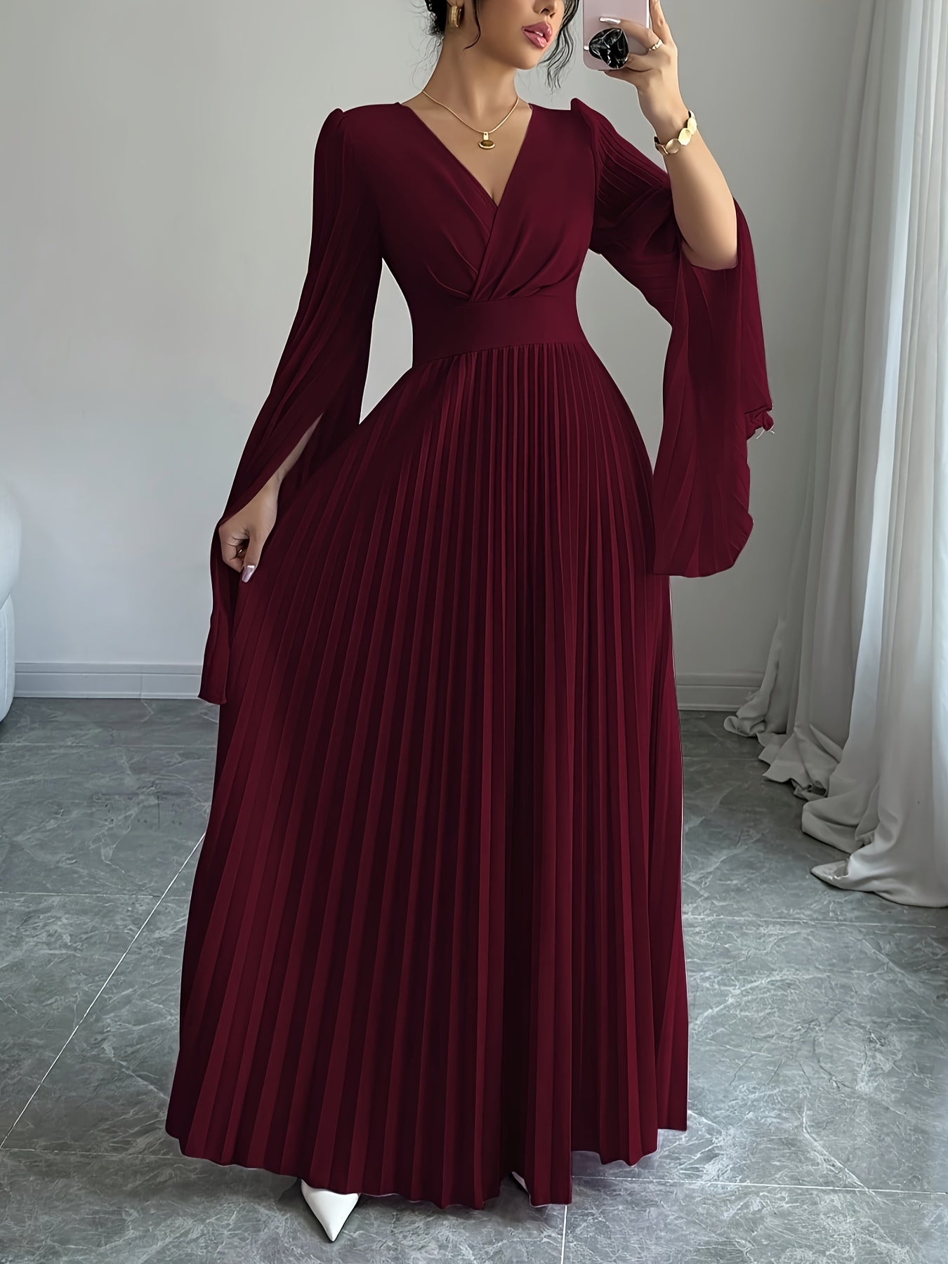 Women's Elegant V-Neck Pleated Open Sleeve Maxi Dress - Fitted Solid Color Machine Washable Spring/Summer Casual & Formal Outfit, Spring Fashion, Quality Craftsmanship