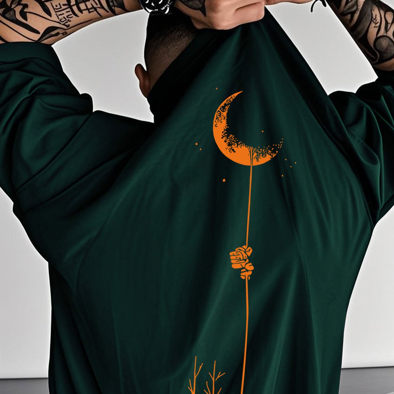 Moon and Trees Design Front & Back Graphic Crew Neck Cotton Summer Fashion Short Sleeve Casual Daily Style Top with Unique Geometric Pattern, Suitable for Spring/Summer Outdoor Activities