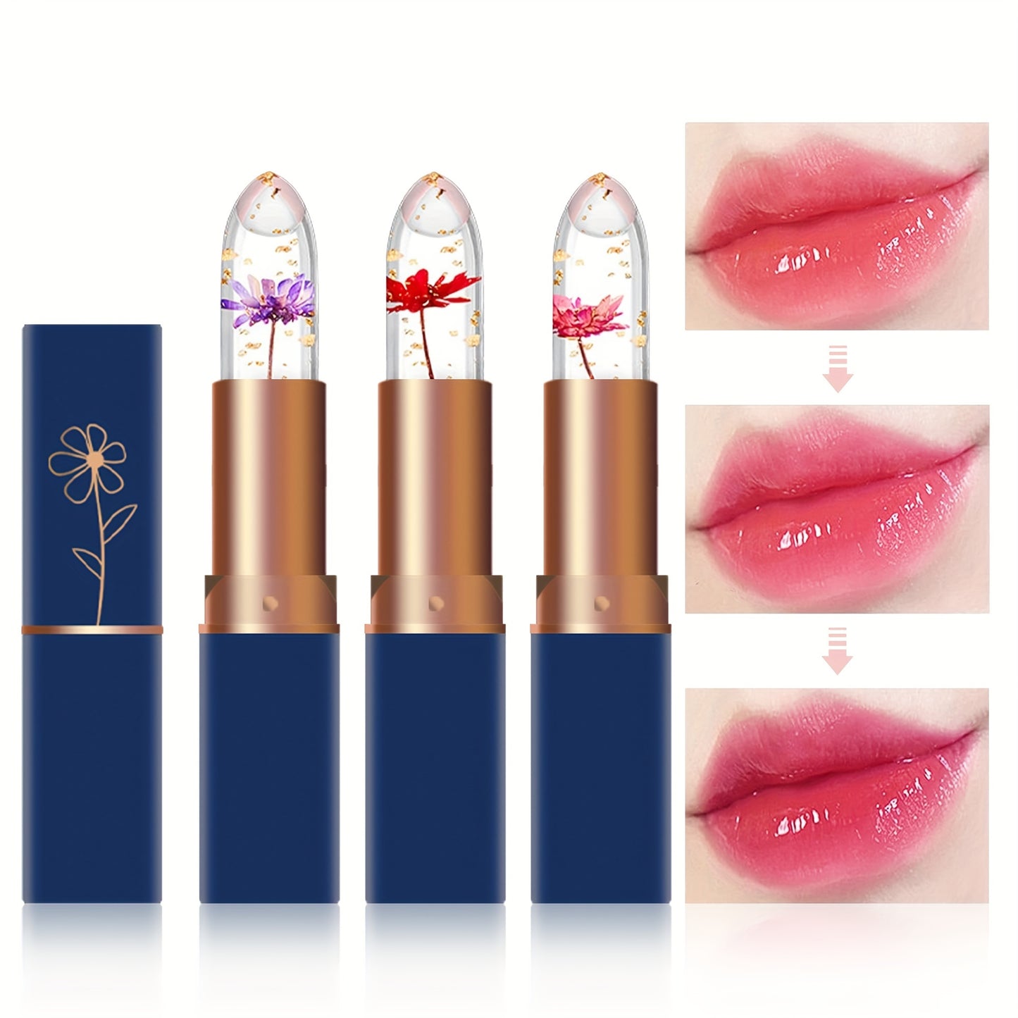 Lot de six baumes à lèvres, six en un, à la couleur changeante, conditionnés dans des sachets OPP. Ce baume à lèvres transparent devient rose