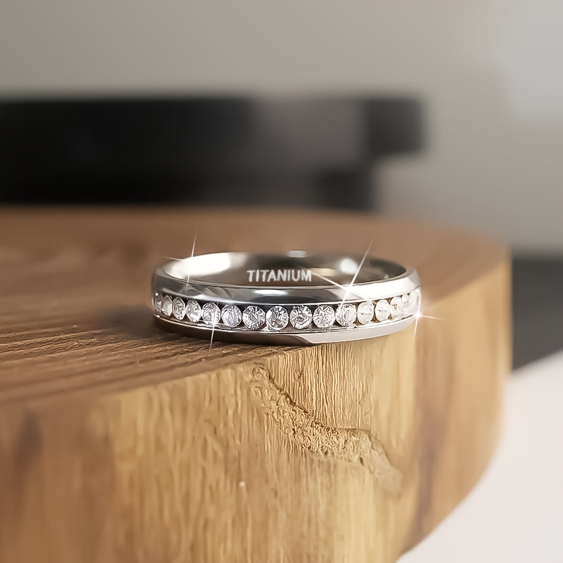 1pc 4mm Wide Round Arc Cubic Synthetic Zirconia Ring, Never Fade Titanium Steel Material Women's Trendy Wedding Engagement Jewelry Gift