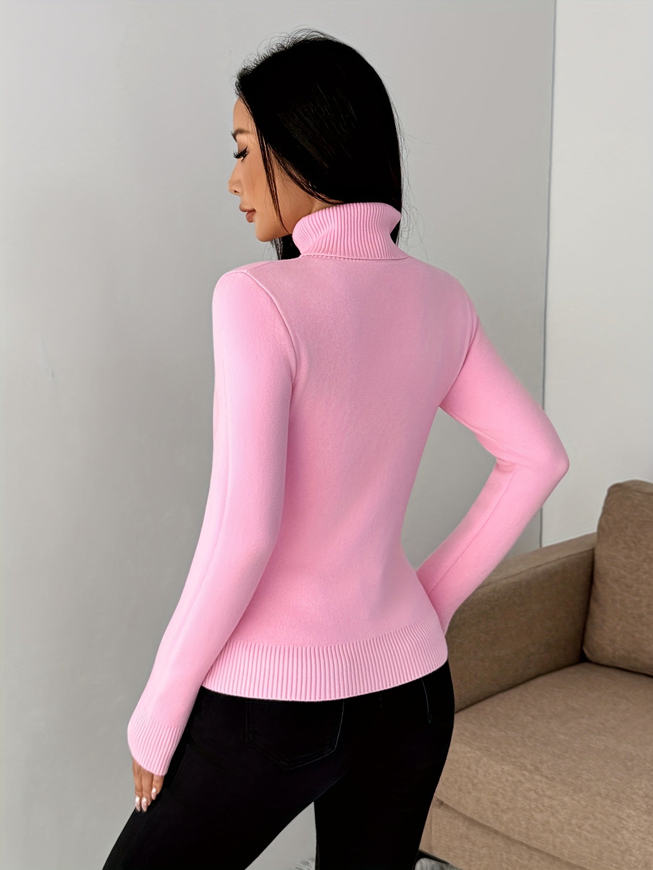 Pull femme rose pâle – Col rond élégant, manches longues, chaud pour l’hiver, col style col roulé, lavable en machine, polyvalent pour tenues décontractées ou habillées
