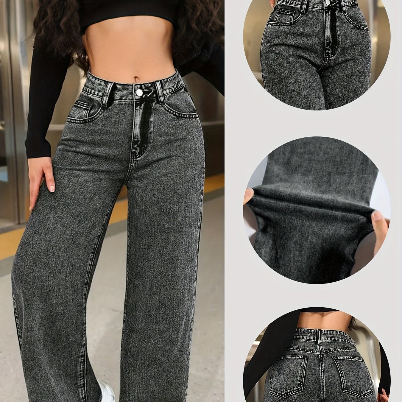Jeans Femme Taille Haute Jambe Droite Extensible Confort Classique Effet Snowflake Élégant Toute Saison Poches Durable