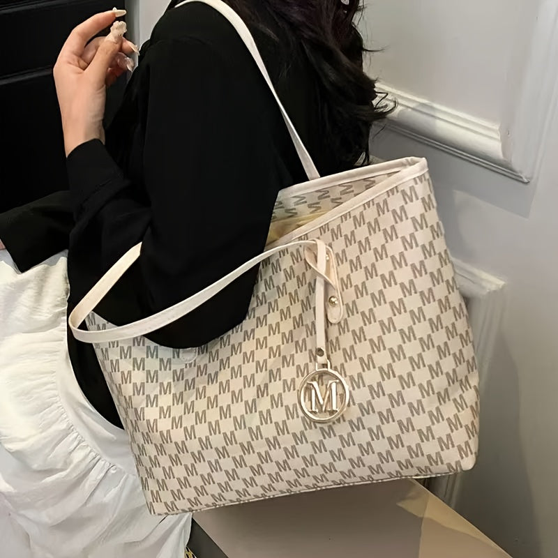 Grand sac cabas femme – style designer, cuir synthétique géométrique, bandoulière chaîne dorée détachable, monogramme "M", léger, idéal pour bureau, école ou shopping, couleurs café, beige, noir