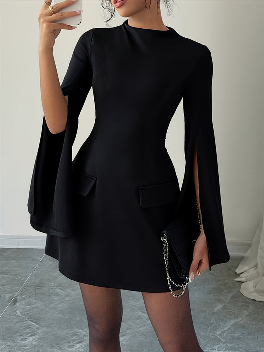 Robe ajustée élégante femme – Col rond, fausses poches, tissu légèrement extensible