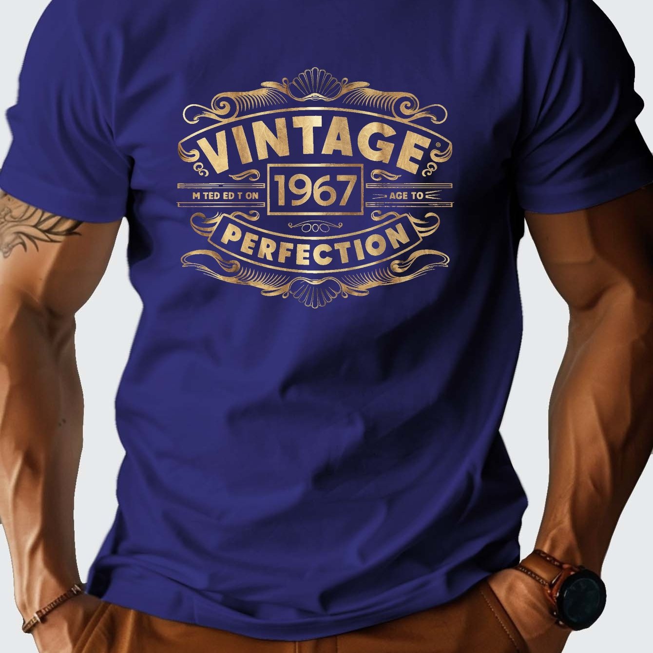 Men'S Vintage 1967 Graphic T-Shirt - Heavyweight 210gsm Crew Neck Tee with Bold "Vintage 49.96meter Print, Casual Short Sleeve, Brown, Perfect for Casual Attire, Vintage T Shirts