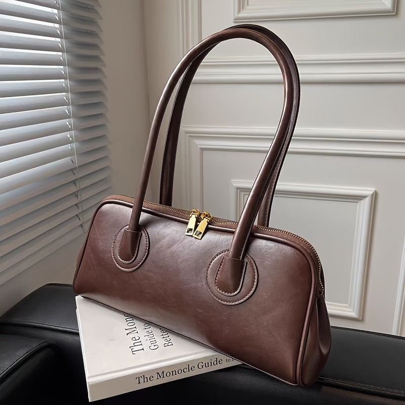 Sac épaule vintage pour femmes – style baguette français chic automne/hiver 2025, doublure polyester, fermeture zippée, marron foncé élégant avec ferrures dorées, polyvalent et sécurisé pour voyages