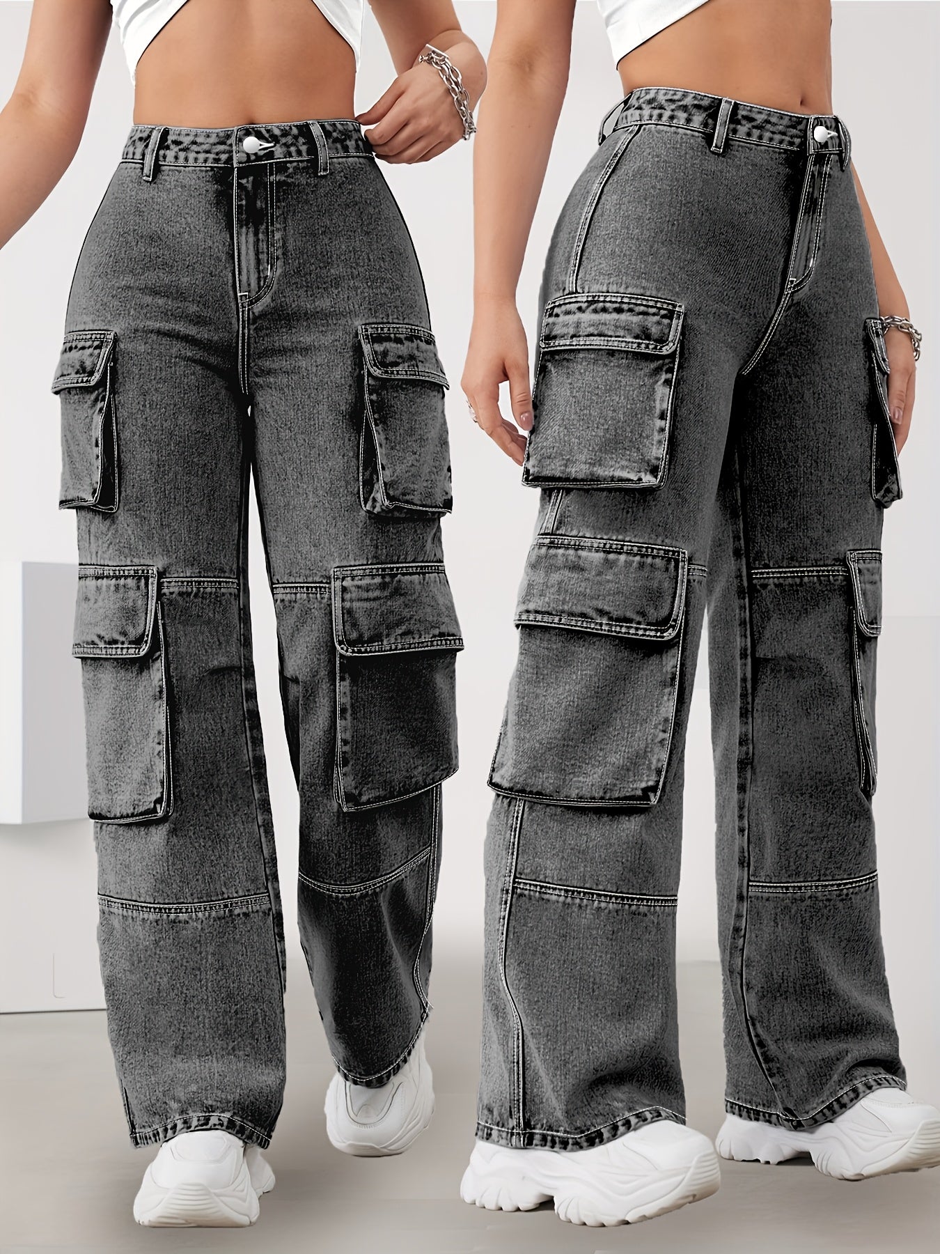 Jeans Femme Grande Taille Taille Haute Poches Multiples Gris Foncé Jambe Droite Extensible Décontracté Large Toute Saison