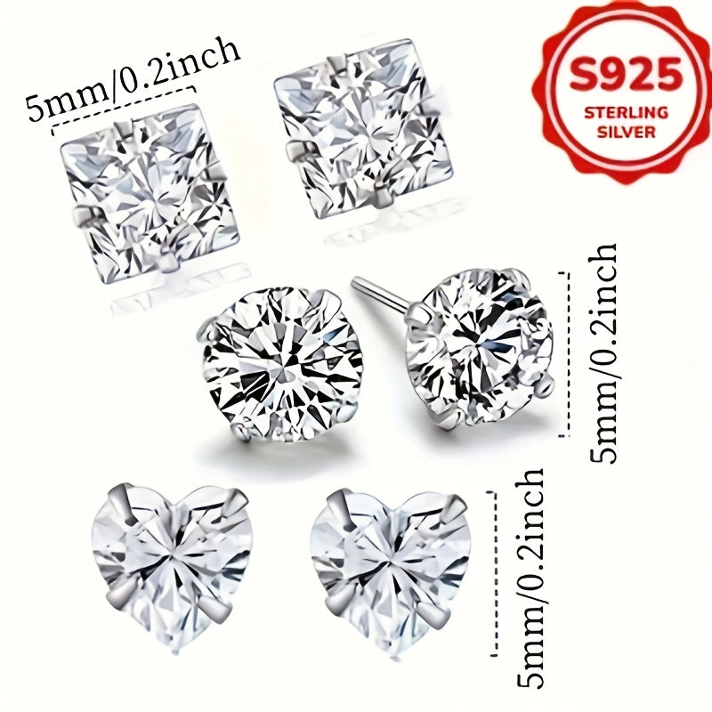 Lot de 6 paires de boucles d’oreilles puces femme en argent S925 hypoallergénique, 1,5 g chacune, ornées de zirconia synthétique, formes cœur et carré, bijou minimaliste et élégant, parfait pour tenue décontractée ou occasions spéciales