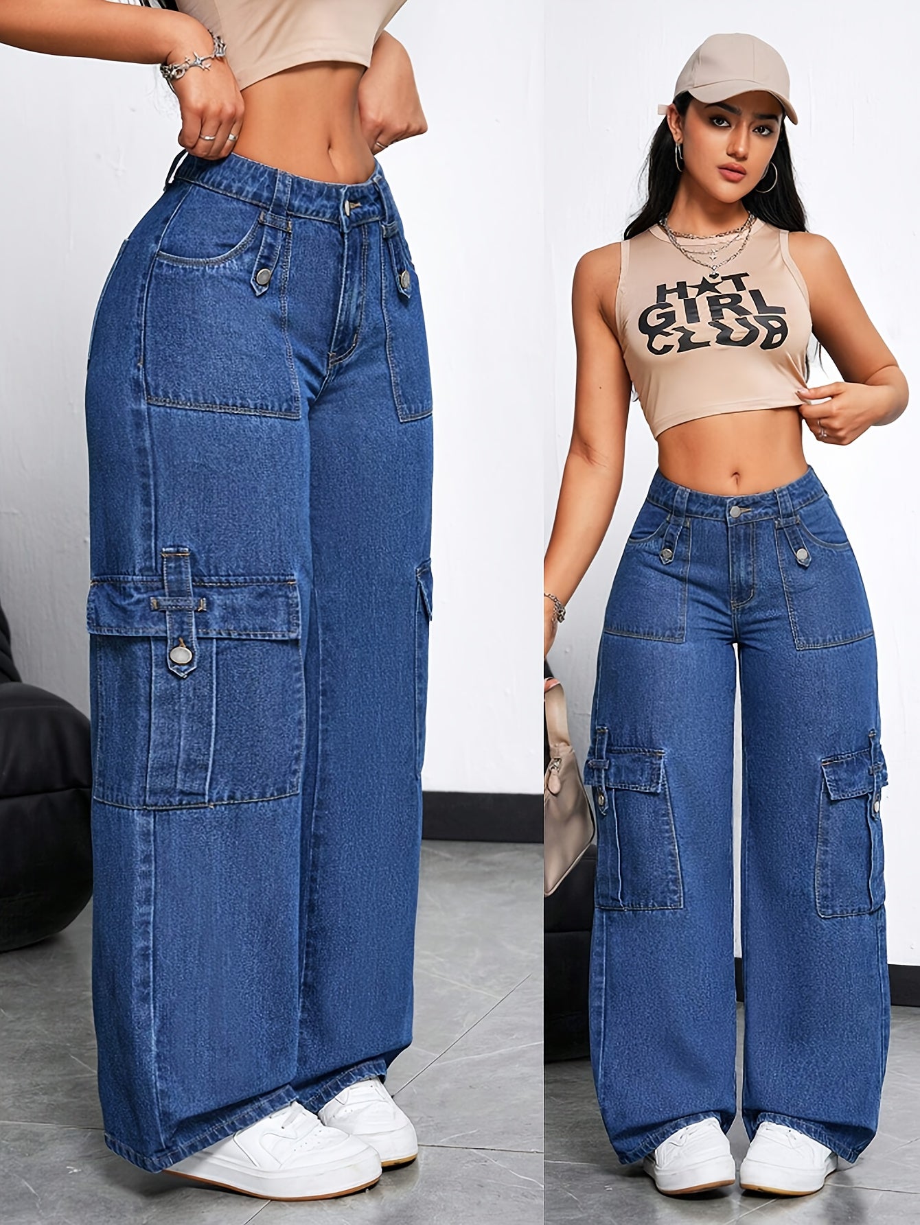 Jeans Cargo Femme Taille Haute – Denim Extensible Bleu Foncé, Jambe Droite avec Multiples Poches