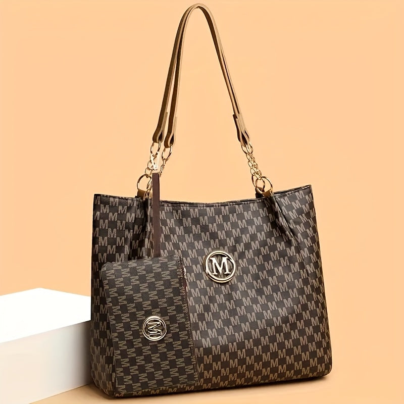 Lot de 2 Sacs à Épaule Femme Vintage – Grande Capacité, Tote avec Anse Fixe, Cuir Synthétique, Fermeture Éclair, Doublure Polyester, Léger, Imprimé Aléatoire, Idéal Quotidien, Transport de Téléphone et Déplacements