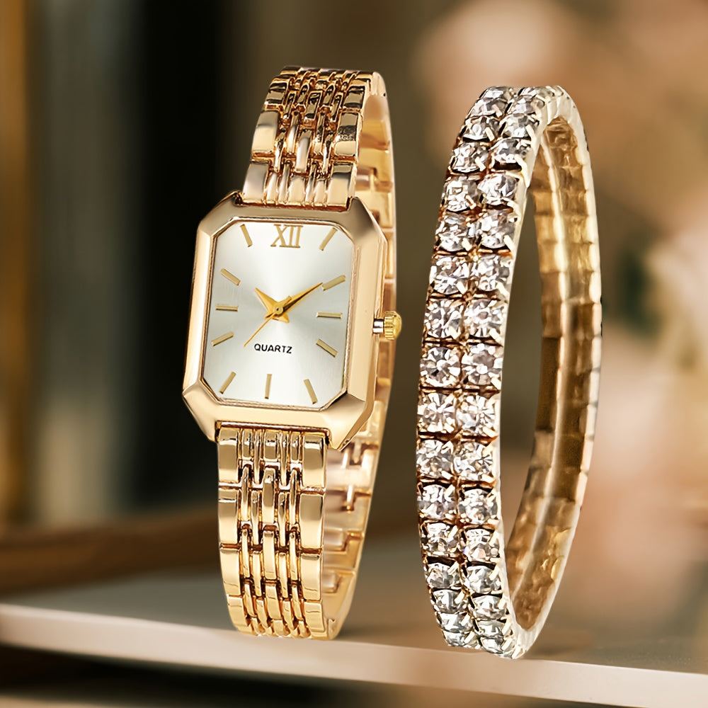 Coffret Cadeau Montre Femme – Lot de 2 Pièces Élégantes, Montre Style Classique avec Bracelet de Luxe, Cadran Rectangulaire Rétro, Bracelet Confortable en Alliage, Idéal Cadeau Famille et Amis, Parfait pour Pâques ou Tenues Décontractées
