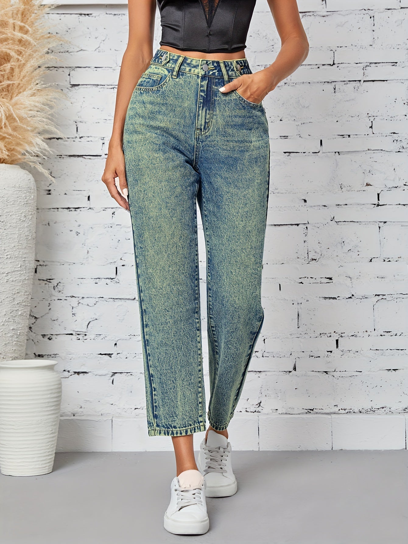 Jeans Femme Jambe Droite Décontracté Extensible Taille Mi-Haute Boutons Bleu Clair Effet Usé Toute Saison Confortable