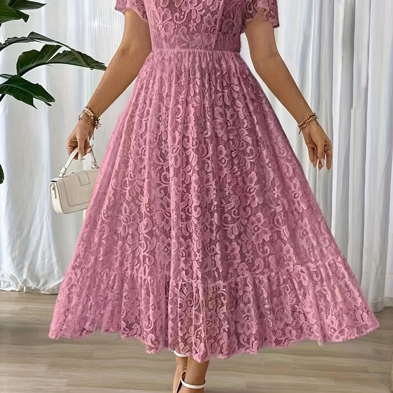 Robe Longue Grande Taille Élégante – Col Dentelle, Bas Smock, Couleur Unie Noire, Coupe A-Ligne, Idéale Soirées, Mariages et Événements Formels, Lavable en Machine