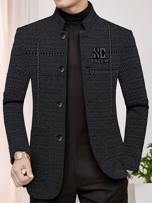 Men'S Stand Collar Business Casual Jacket | Non-Stretch Fabric, Alphabets Pattern, Long Sleeve, Single Breasted, Regular Fit for Spring/Fall