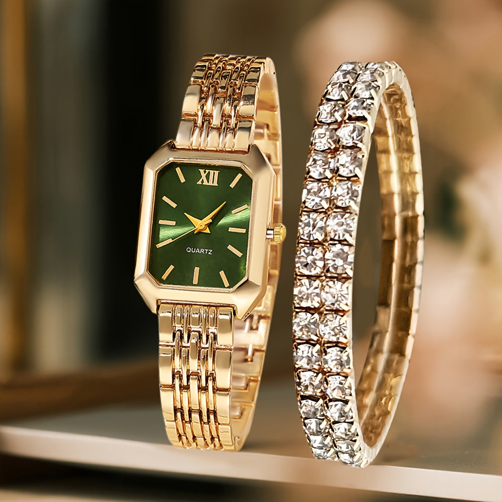 Coffret Cadeau Montre Femme – Lot de 2 Pièces Élégantes, Montre Style Classique avec Bracelet de Luxe, Cadran Rectangulaire Rétro, Bracelet Confortable en Alliage, Idéal Cadeau Famille et Amis, Parfait pour Pâques ou Tenues Décontractées