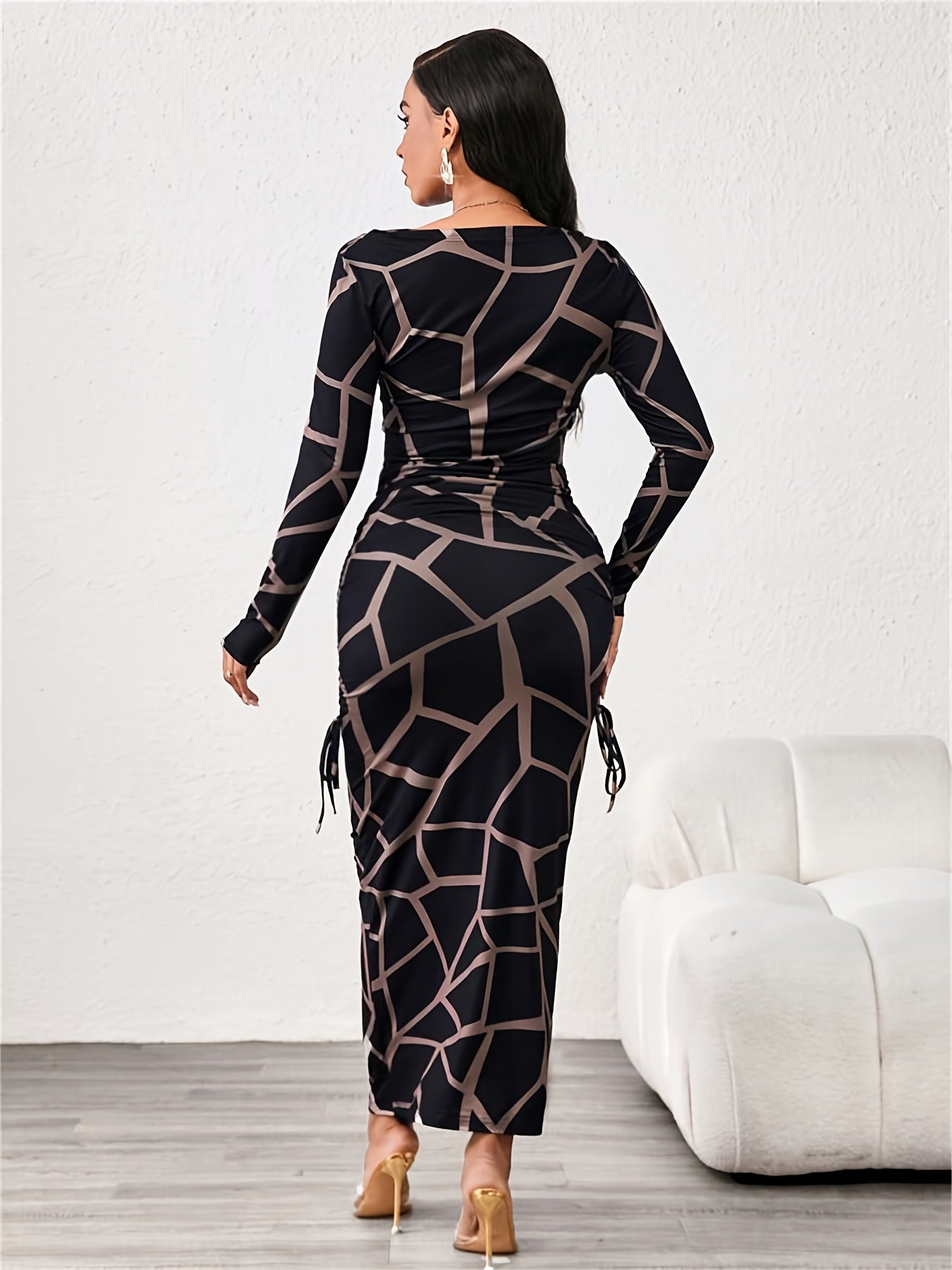 Women'S Elegant Formal Evening Gown - Long Sleeve Bodycon Dress with Geometric Print, Structured Fit & Tie-Front Closure, Floor-Length Party Wedding Guest Dress for, Prom, Gala - Spring/fall Formal Attire, Formal Dresses, Pro