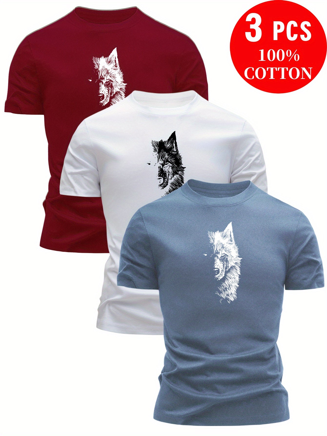 3pcs 100% Cotton T-Shirts with Wolf Graphic, Casual Crew Neck in Multiple Colors for Men