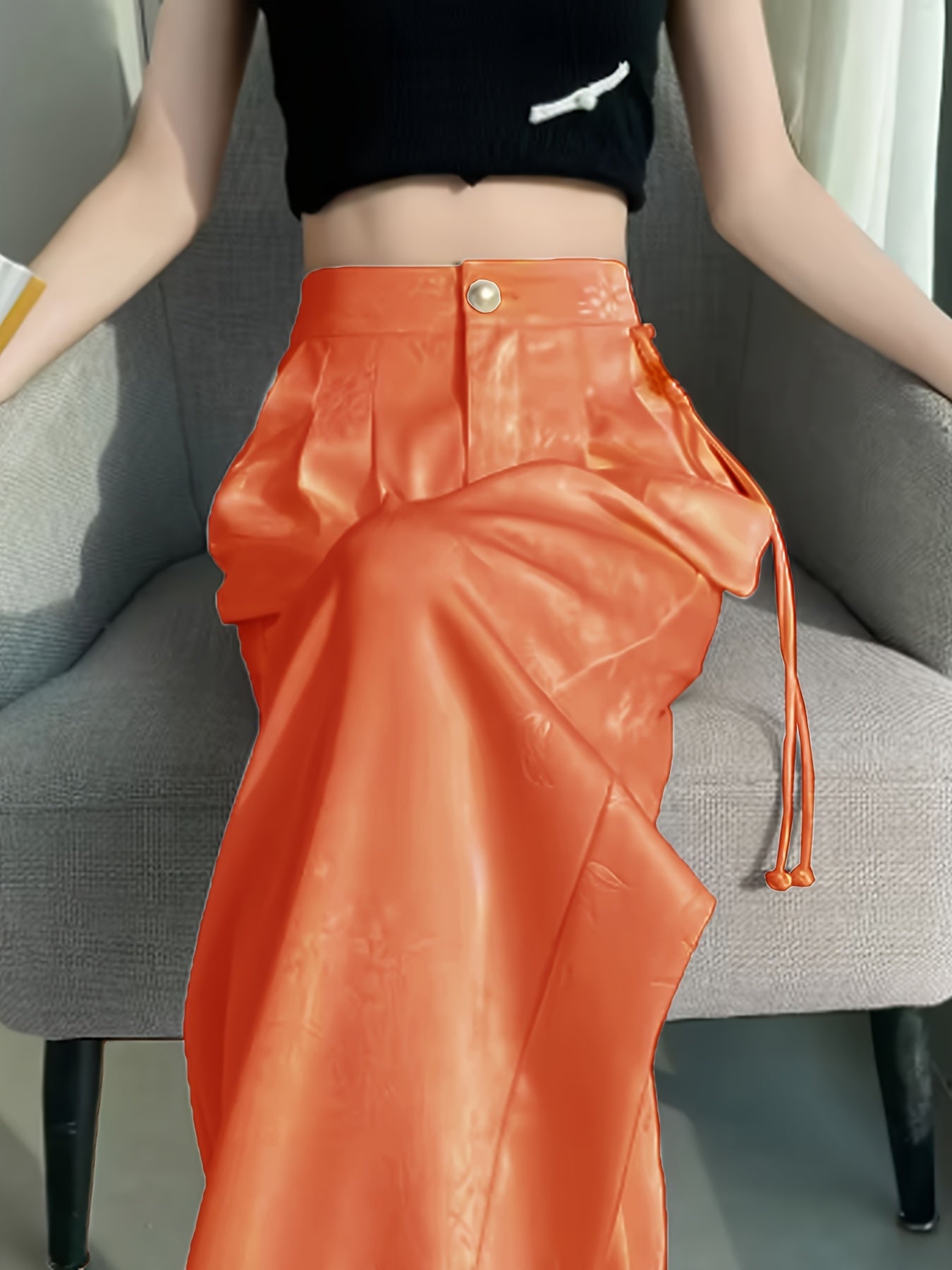 Pantalon Femme Élégant Jambe Large – Noir Uni avec Imprimé Nuages Chinois Blancs, Ourlet Asymétrique, Bureau et Événements Formels, Inspiré Asiatique