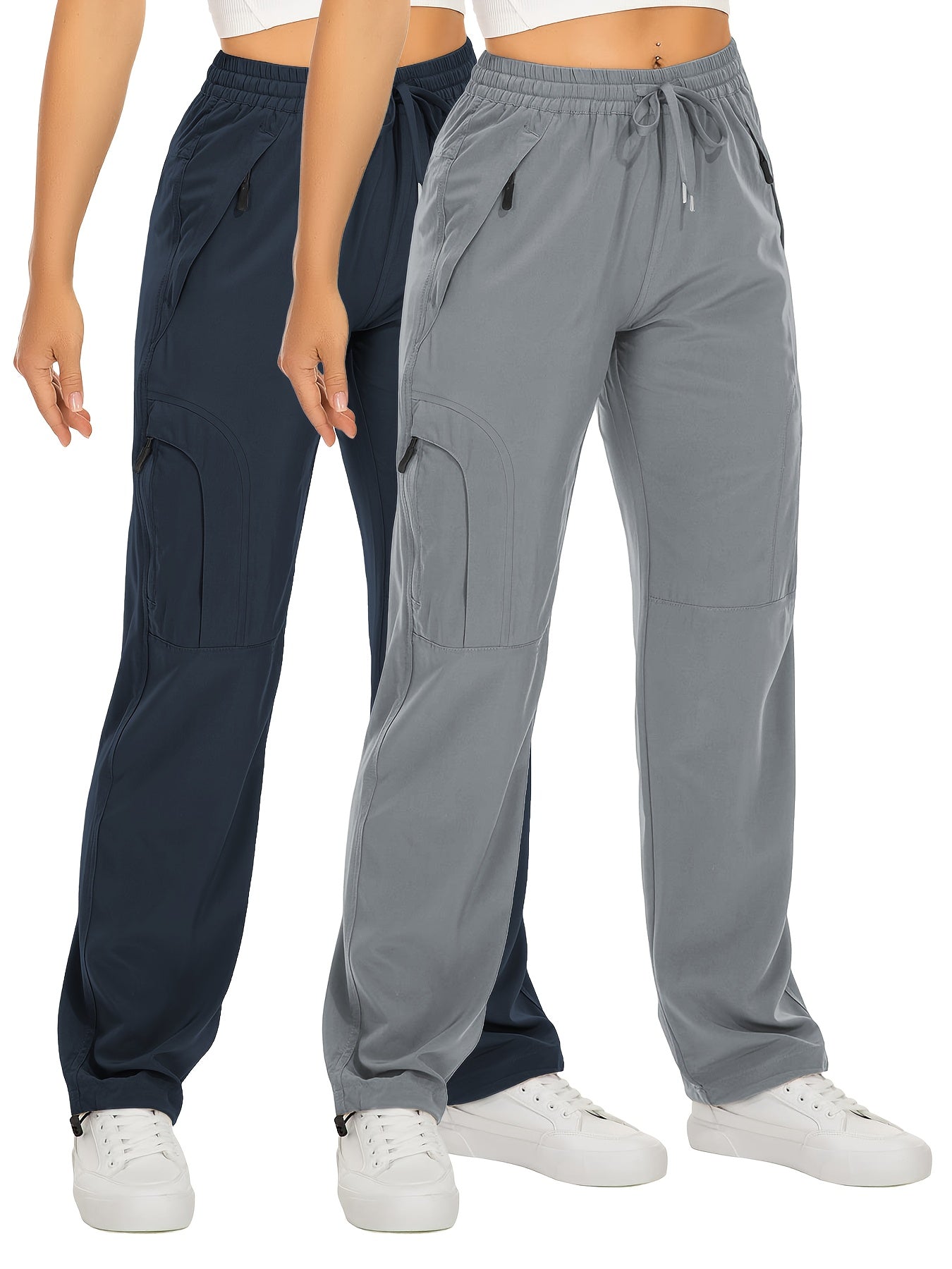 Lot de 2 Pantalons Cargo Femme – Poches Zippées, Tissu Respirant et Séchant Rapidement, Extensible, Automne, Noir et Blanc