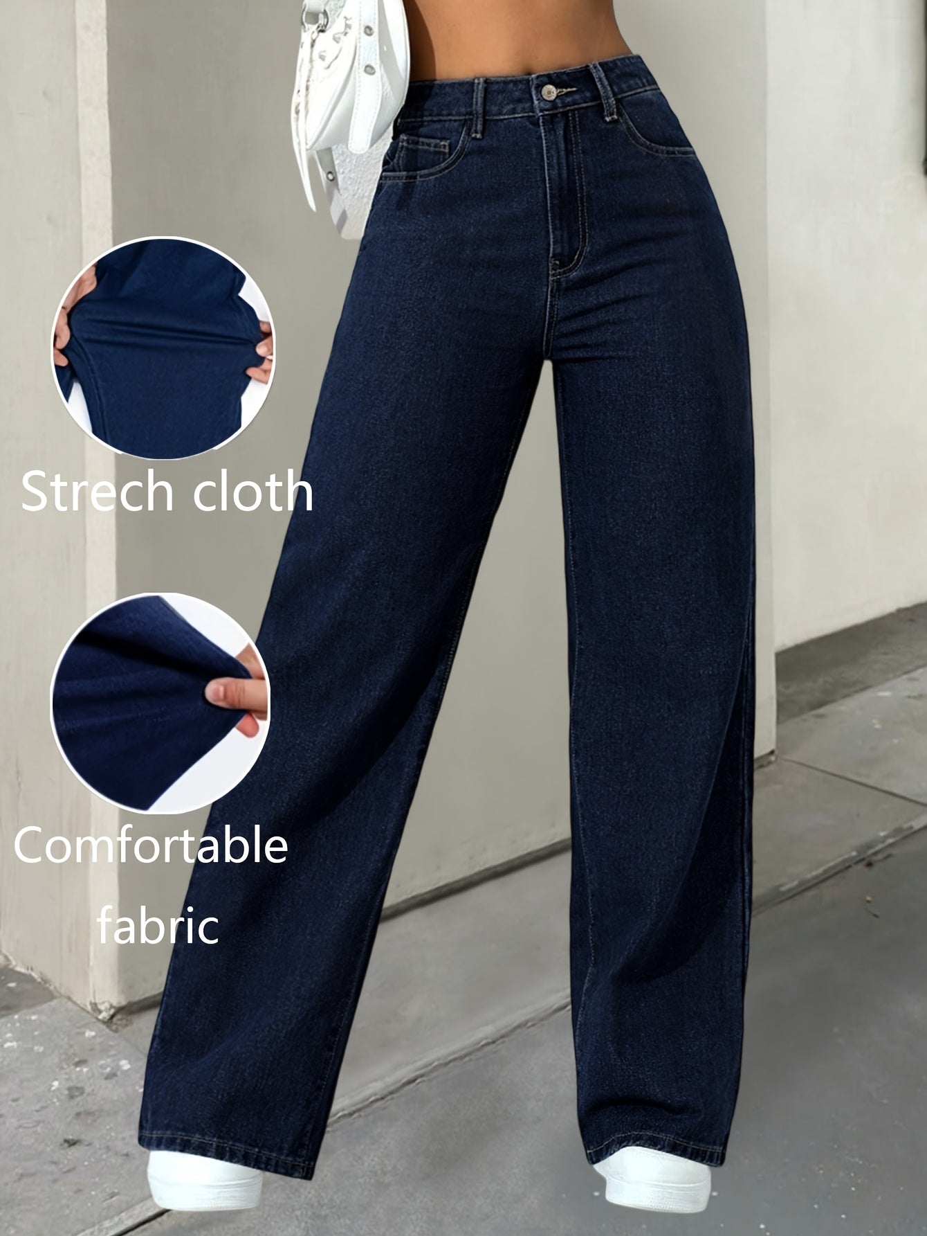 Pantalon Femme Taille Haute en Denim Extensible – Jambe Large, Tissu Confortable, Fermeture Boutons, Coupe Ample, Jeans Polyvalents Toutes Saisons, Idéal Tenue Décontractée, Taille Haute