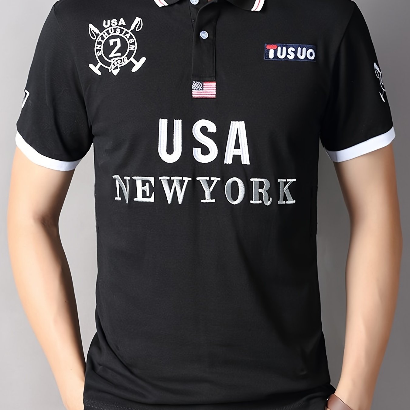 TS Men's Plus Size Slim-Fit Short Sleeve Shirt - 3D USA & New York Lettering Embellishment, Breathable Pure Cotton, Black with White Contrast Collar & Stripe, All-Season Casual & Semi-Formal Wear, Machine Washable Luxury Men'