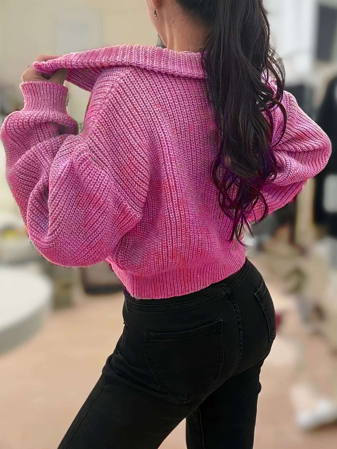 Pull court femme automne-hiver à demi-zip et manches lanterne – Pull côtelé élégant, coupe slim, tissu stretch mi-épais, lavable en machine, style décontracté chic, détail côtelé plié