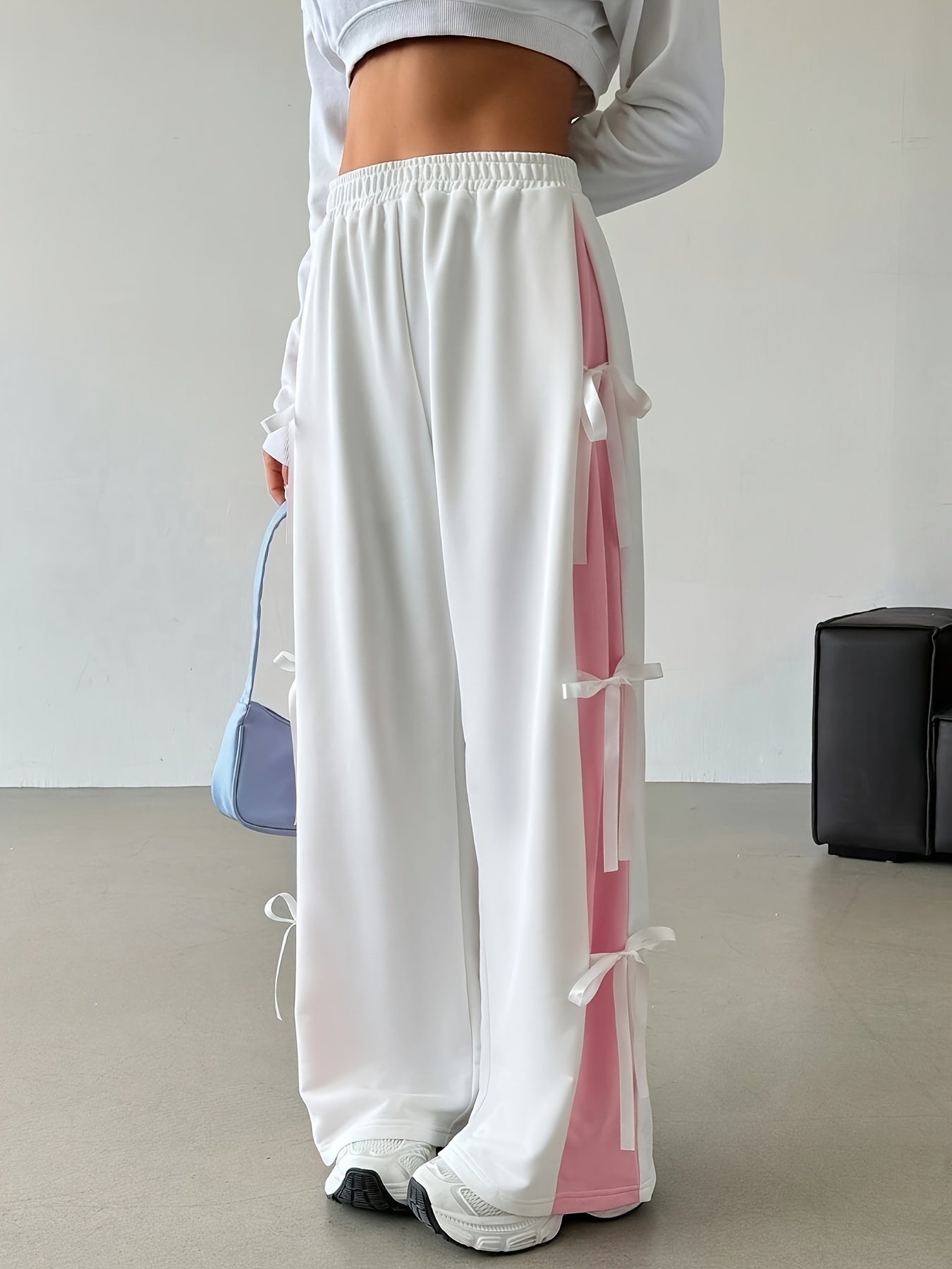 Pantalon Femme Taille Haute – Jambe Large avec Rayures Contraste Rose/Blanc, Taille Élastique à Cordon, Décontracté, Printemps/Été/Automne