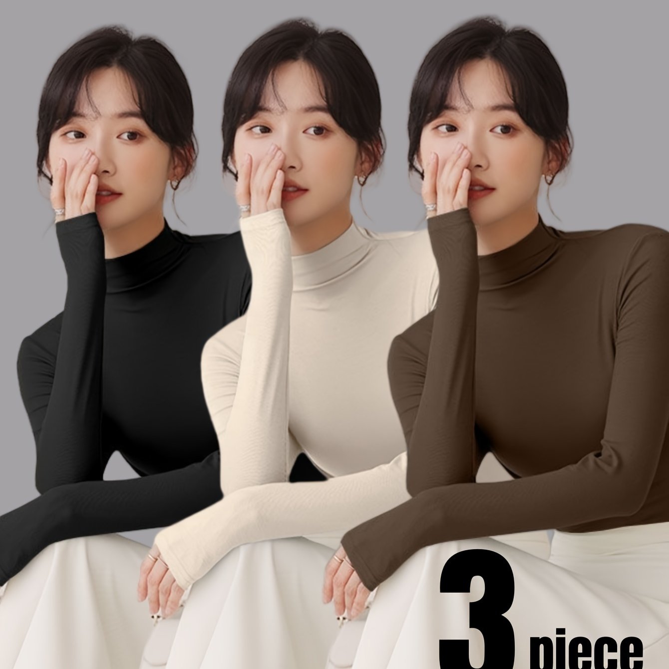 Lot de 3 sous-vêtements thermiques slim, manches longues, col montant, pour femmes, automne et hiver